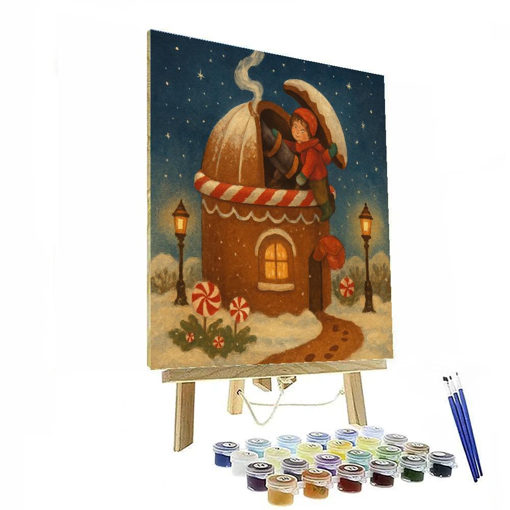 Gingerbread Observatory Under Snowy Skies painting number kit