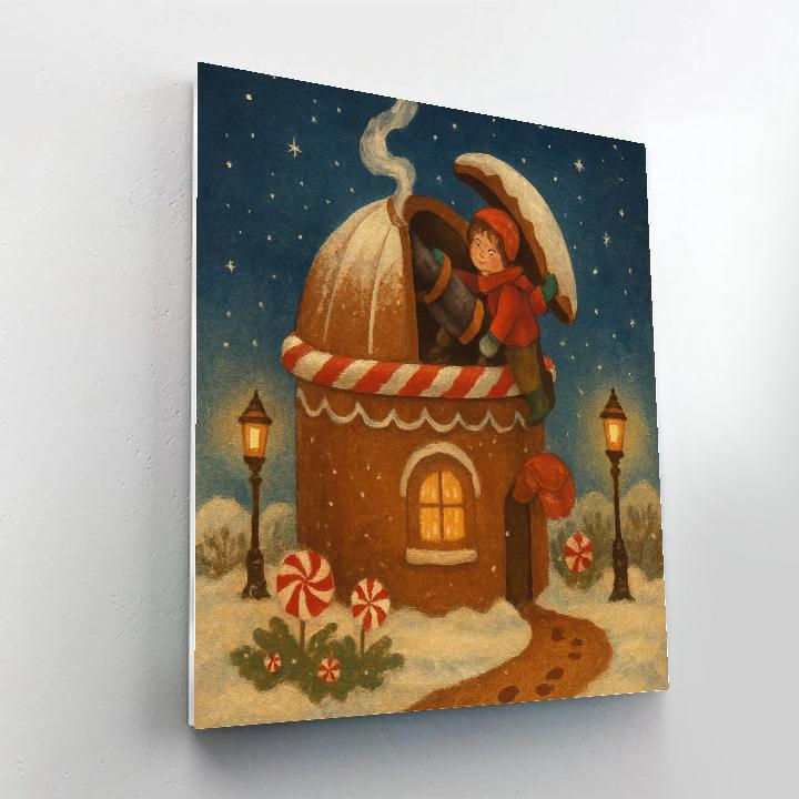 Gingerbread Observatory Under Snowy Skies painting number kit