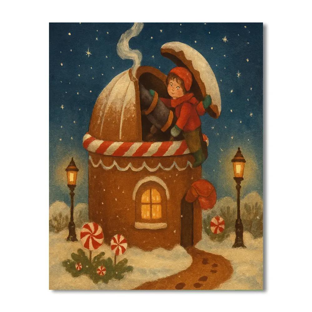 Gingerbread Observatory Under Snowy Skies painting number kit