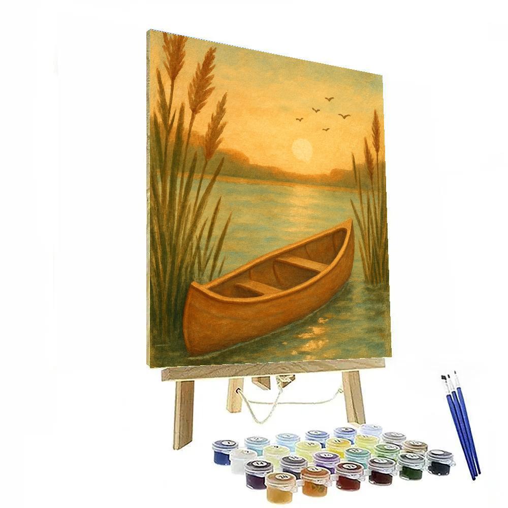 Golden Hour Canoe Near Sunlit Reeds paint by color