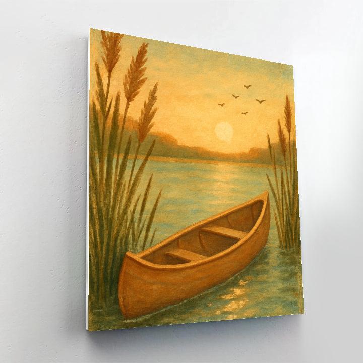 Golden Hour Canoe Near Sunlit Reeds paint by color