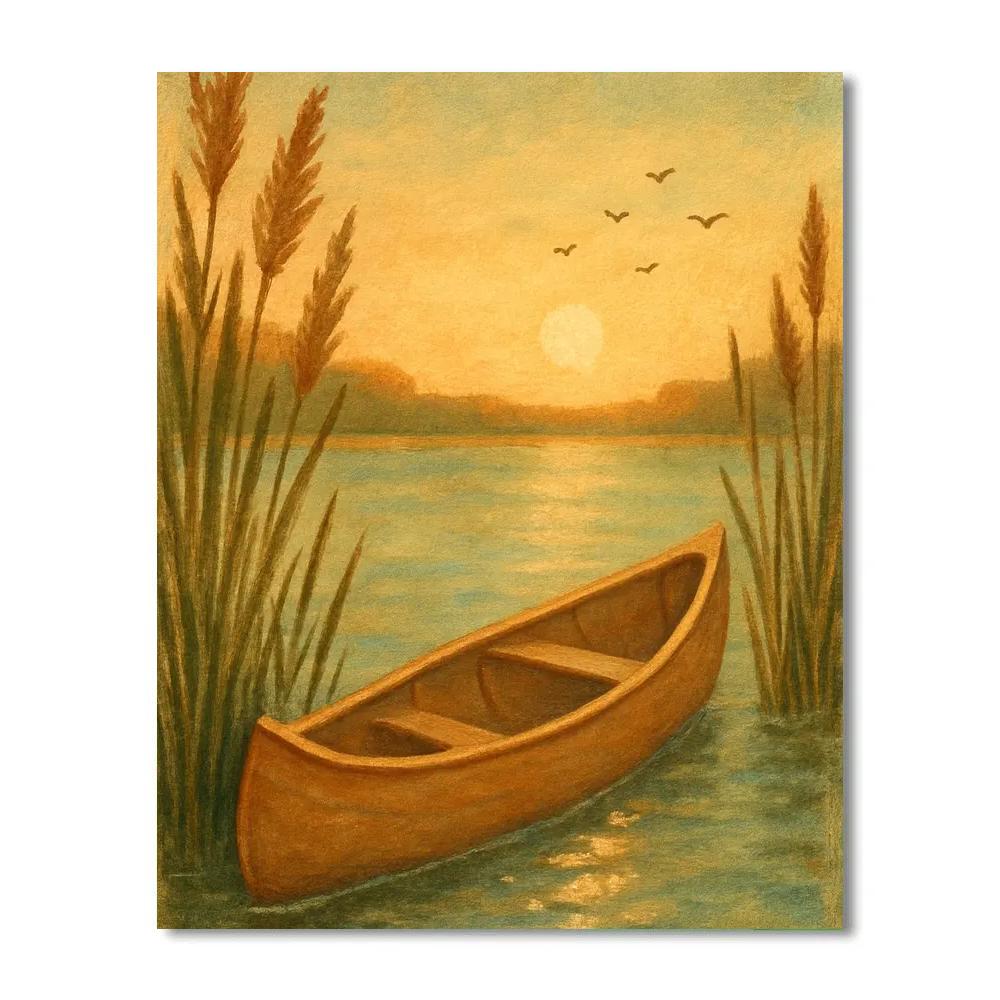 Golden Hour Canoe Near Sunlit Reeds paint by color