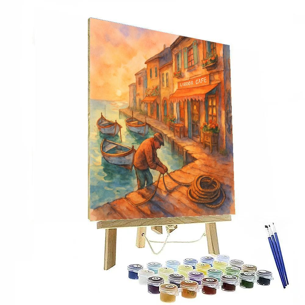 Golden Hour Harbor Alley With Painted Boats Number painting