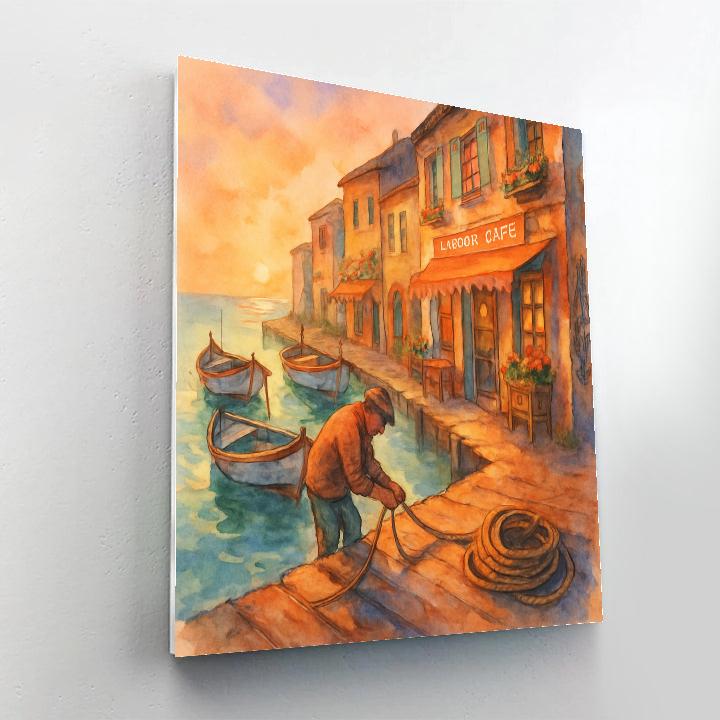 Golden Hour Harbor Alley With Painted Boats Number painting