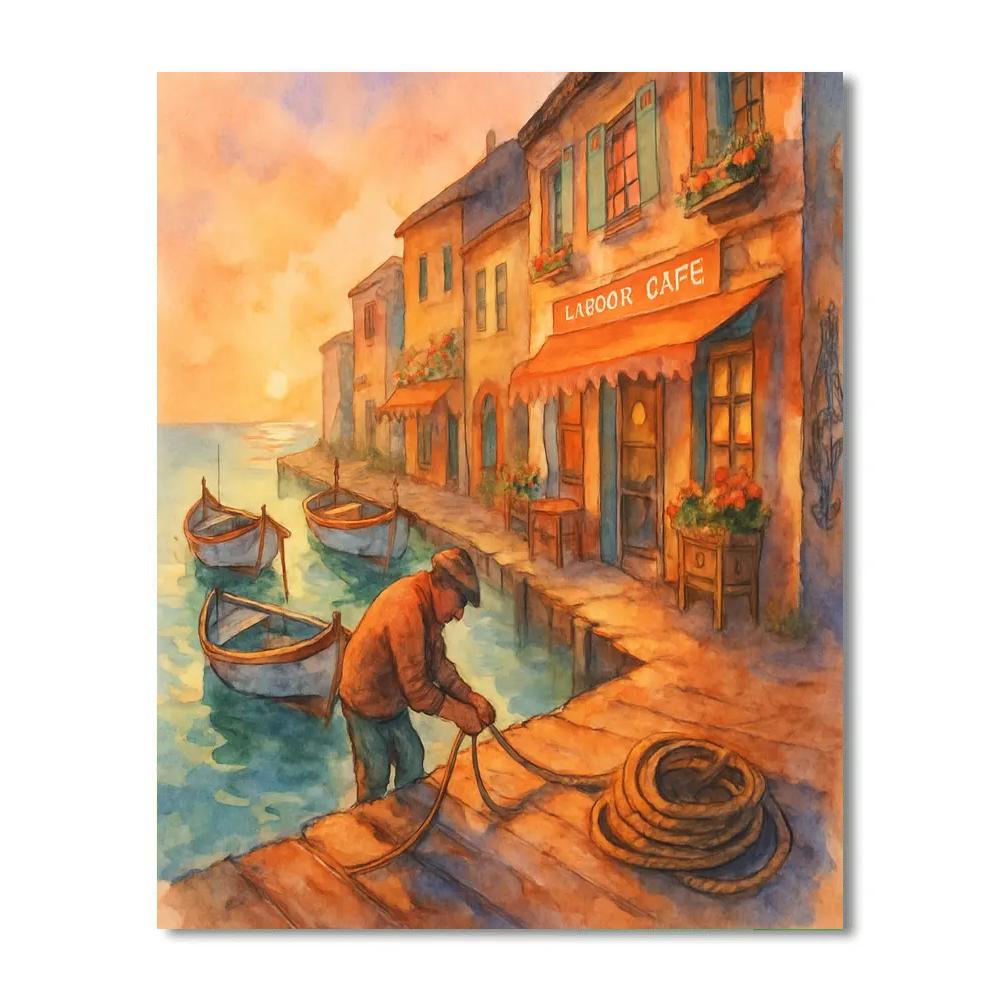 Golden Hour Harbor Alley With Painted Boats Number painting