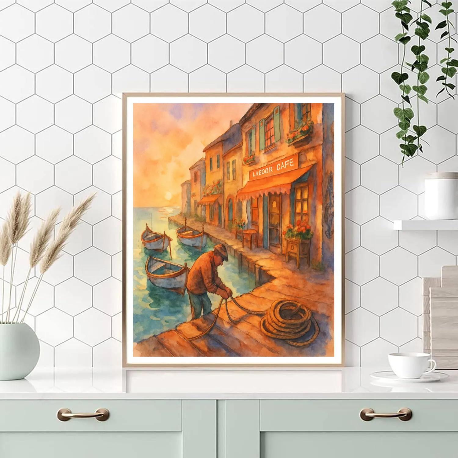Golden Hour Harbor Alley With Painted Boats Number painting