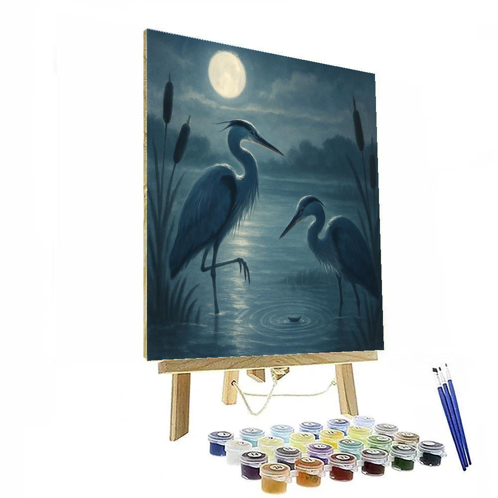 Moonlit Herons In The Quiet Marsh Bend Number painting