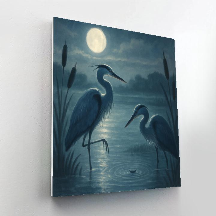 Moonlit Herons In The Quiet Marsh Bend Number painting