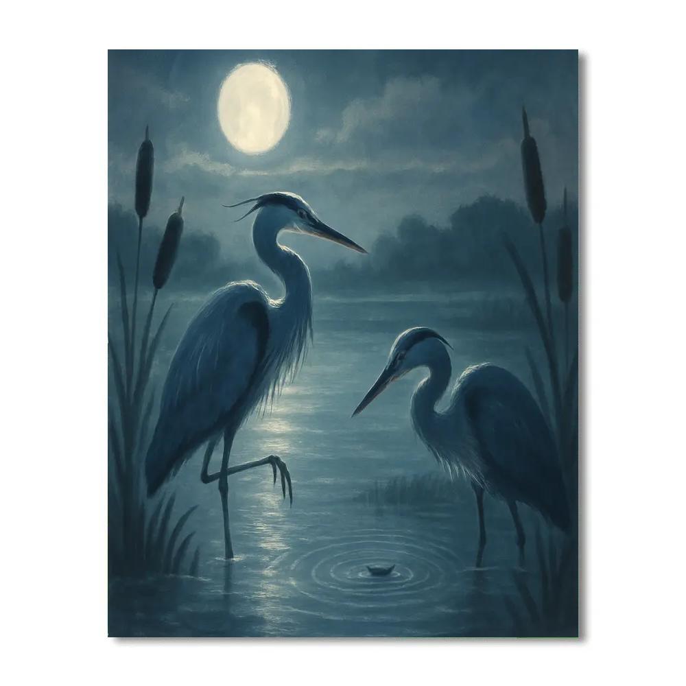 Moonlit Herons In The Quiet Marsh Bend Number painting
