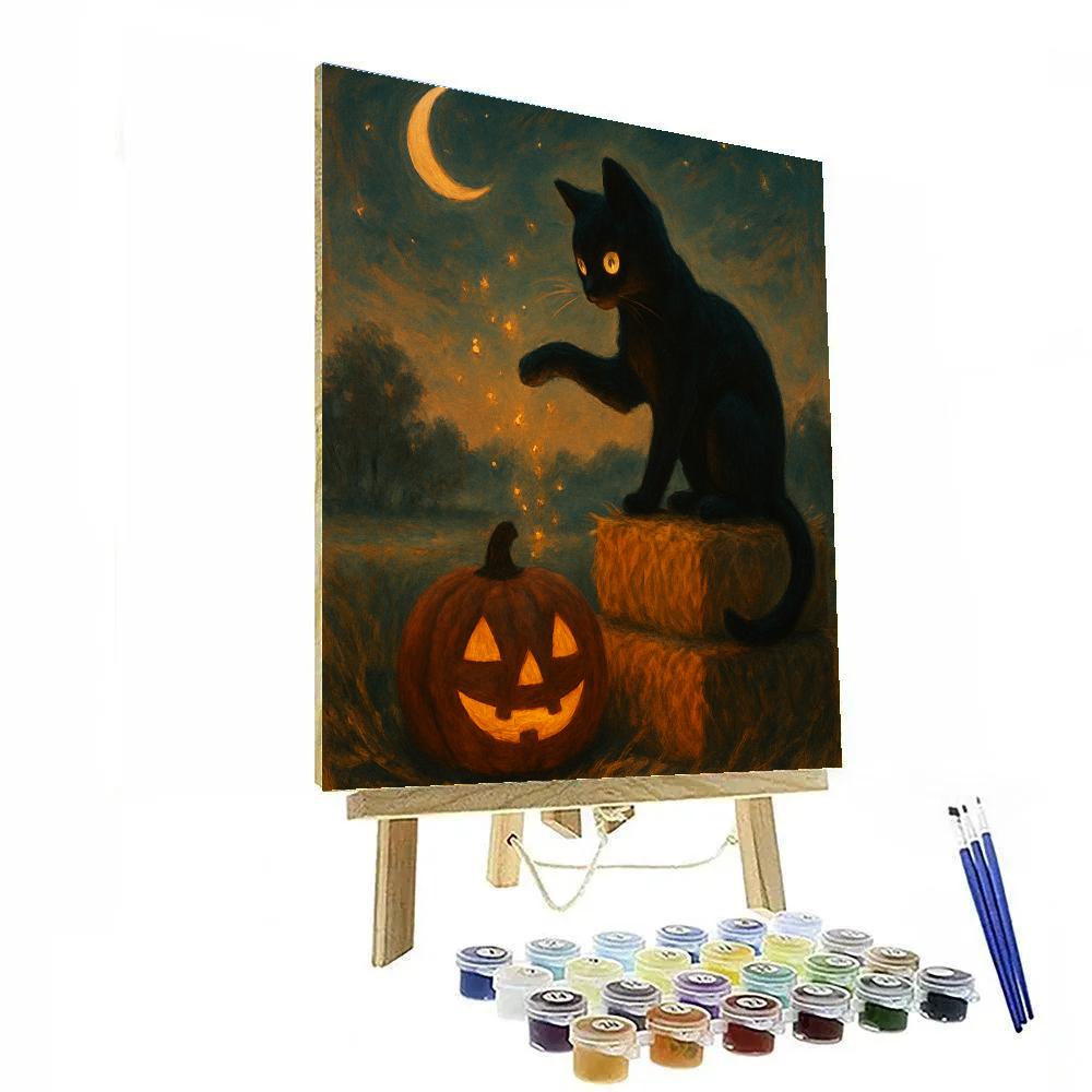 Black Cat Stargazing On Hay Bales Number painting