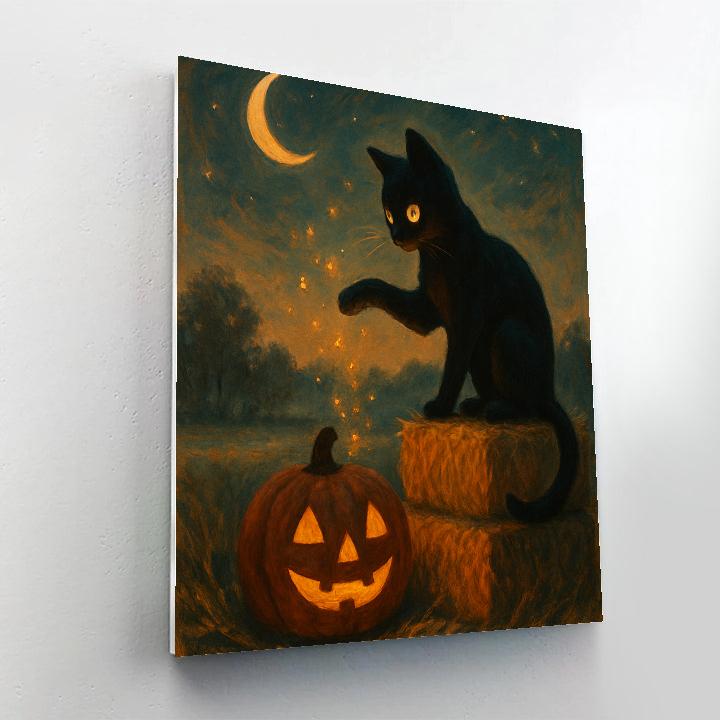 Black Cat Stargazing On Hay Bales Number painting