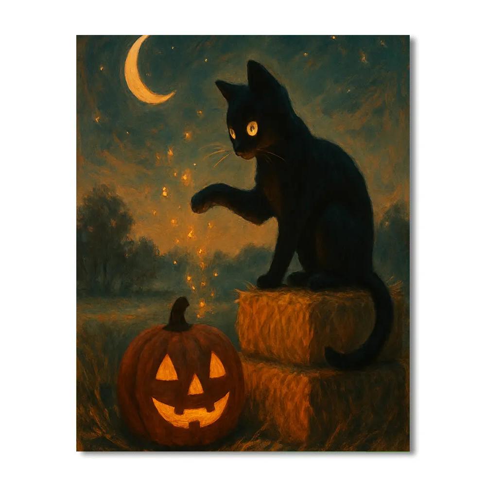 Black Cat Stargazing On Hay Bales Number painting