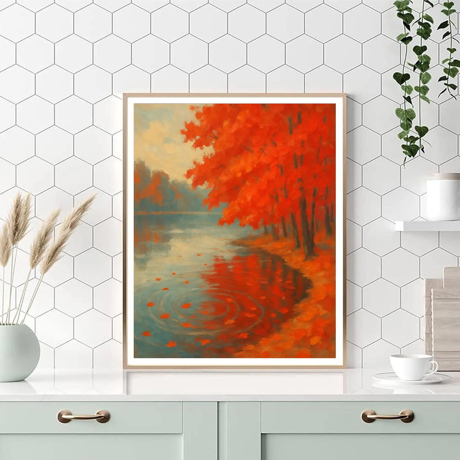 Autumn Maple Shore With Floating Leaves Painting by numbers kit