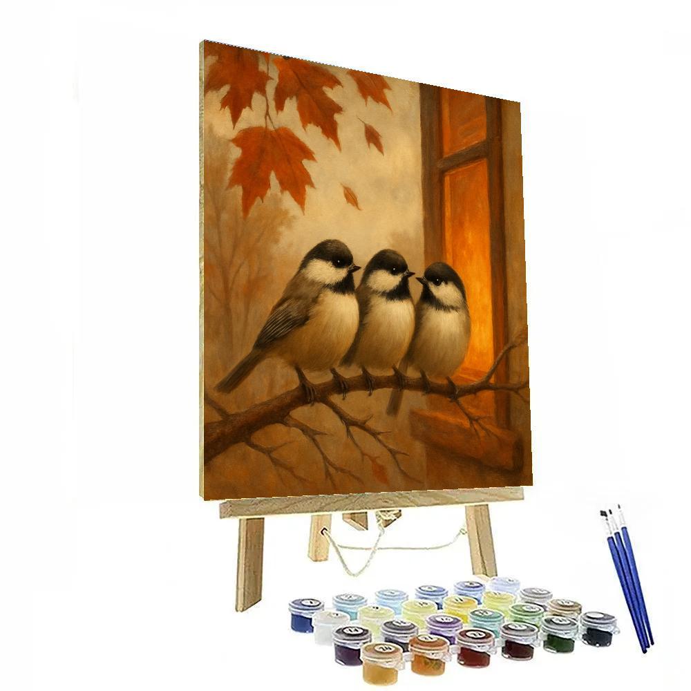 Autumn Hearth Window With Curious Chickadees Painting by numbers kit
