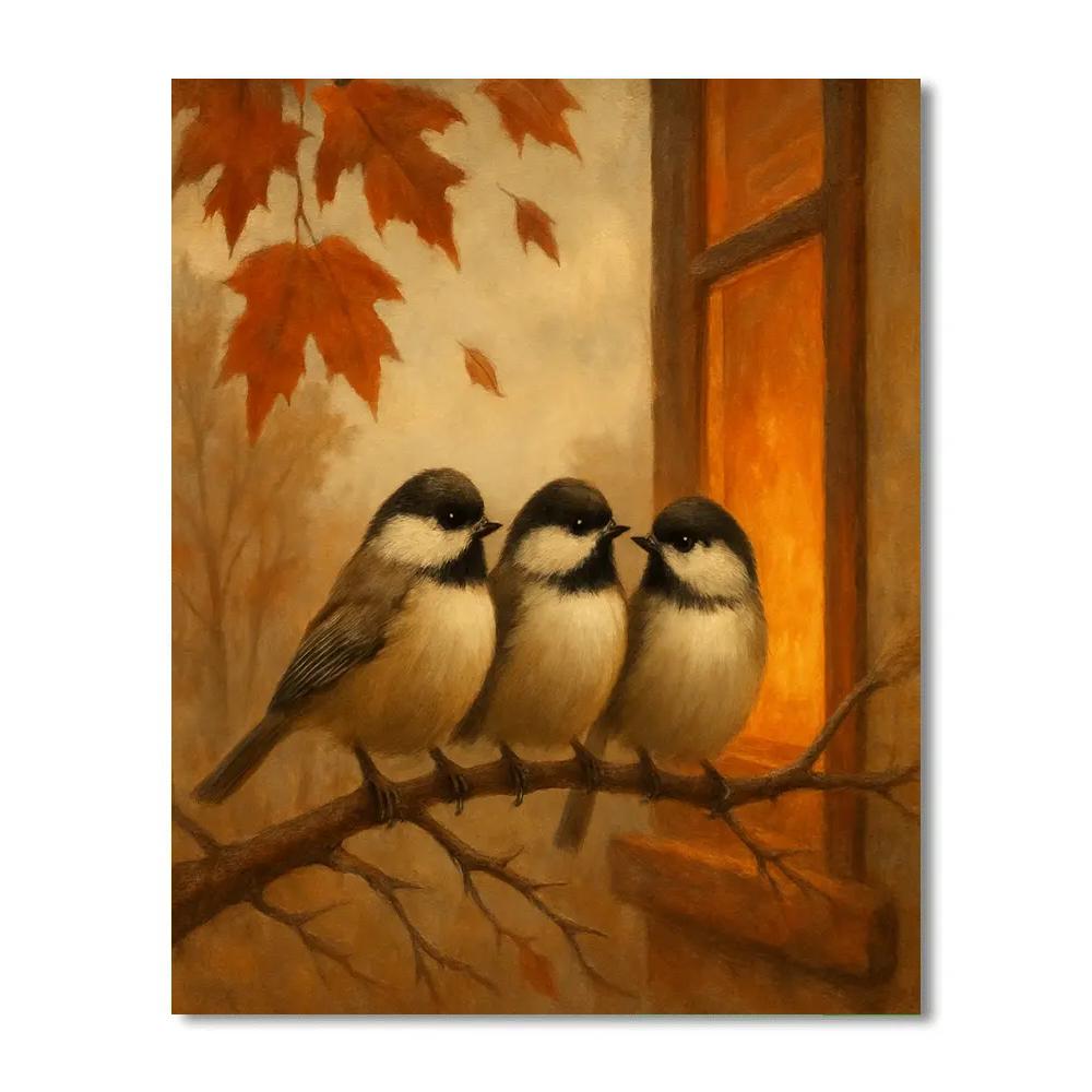 Autumn Hearth Window With Curious Chickadees Painting by numbers kit
