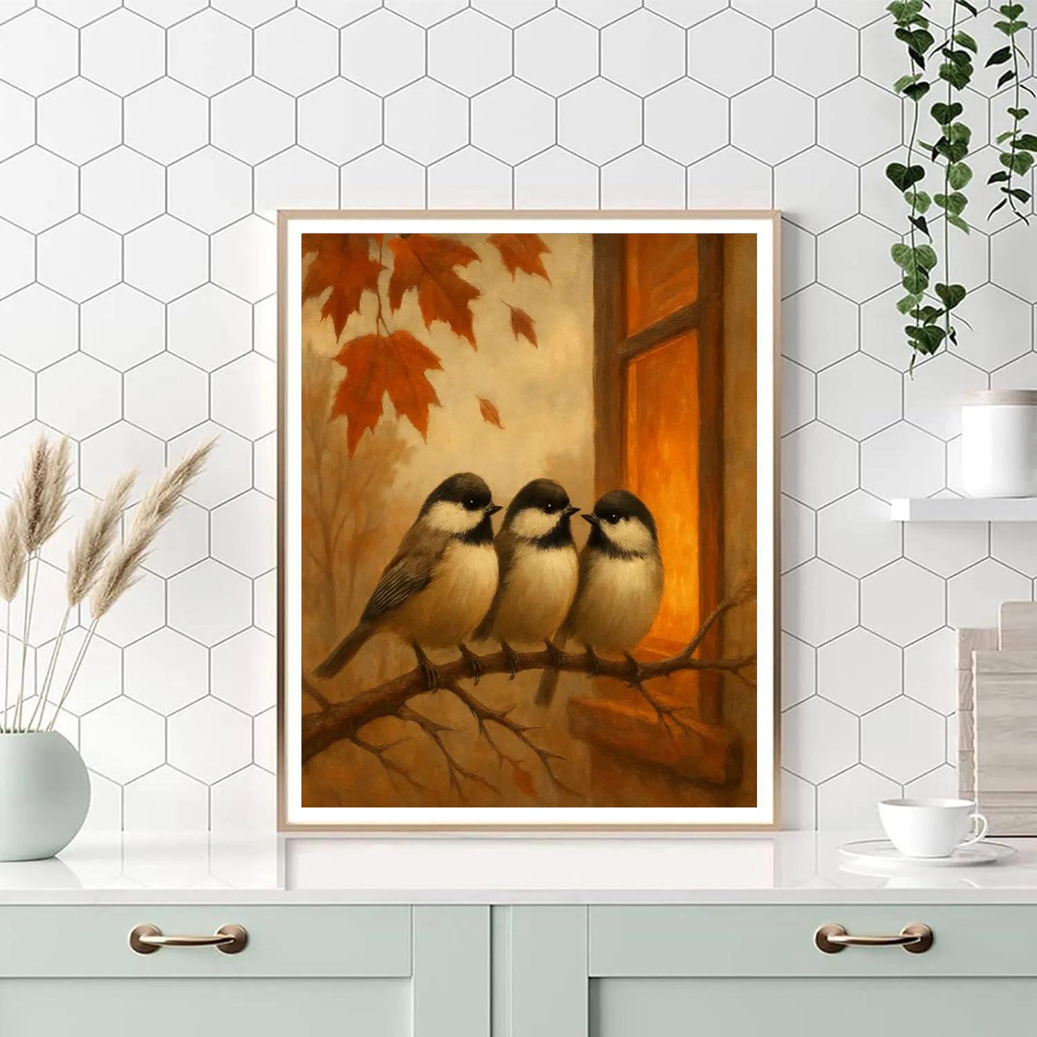 Autumn Hearth Window With Curious Chickadees Painting by numbers kit