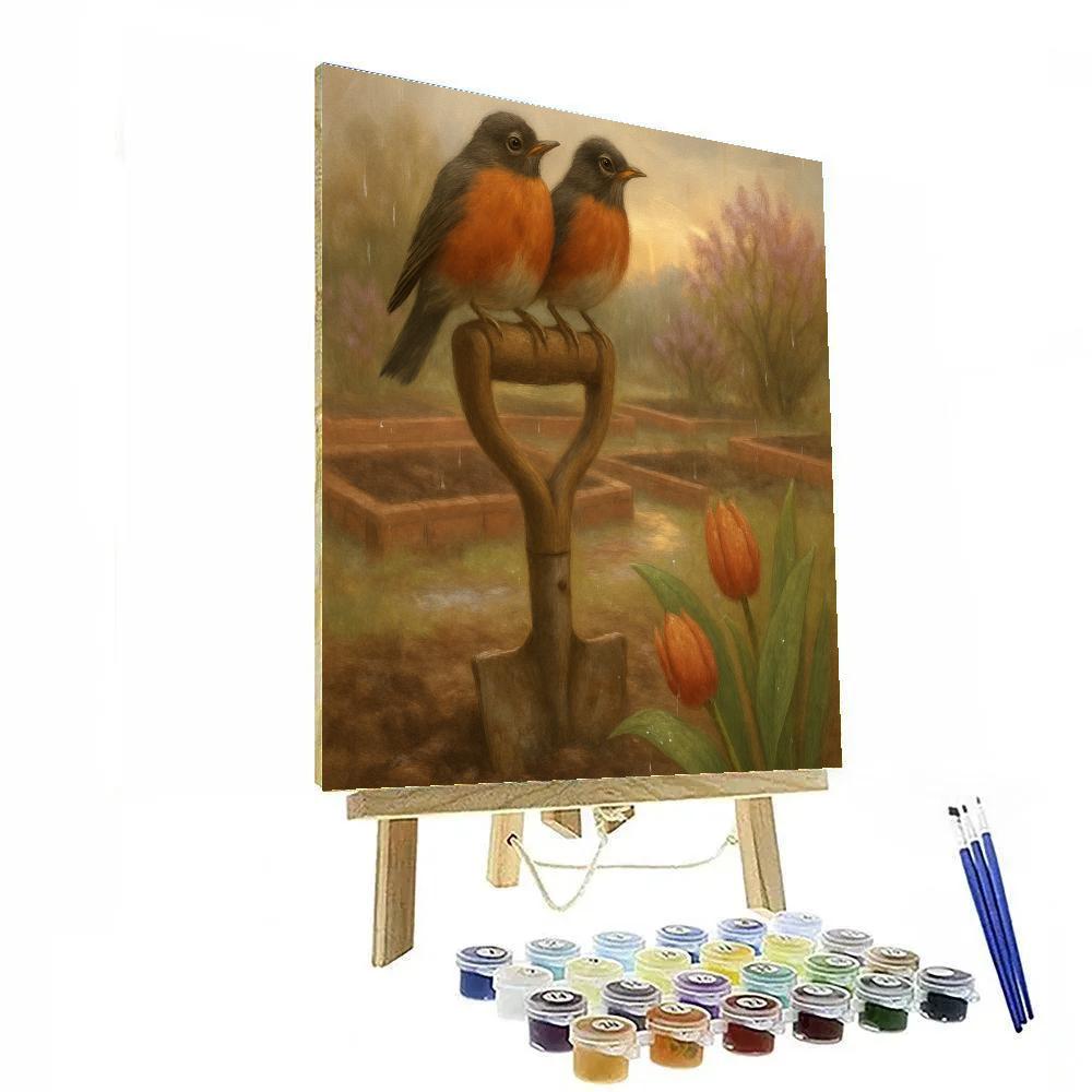 Spring Rain Robins On The Garden Spade Painting by numbers kit