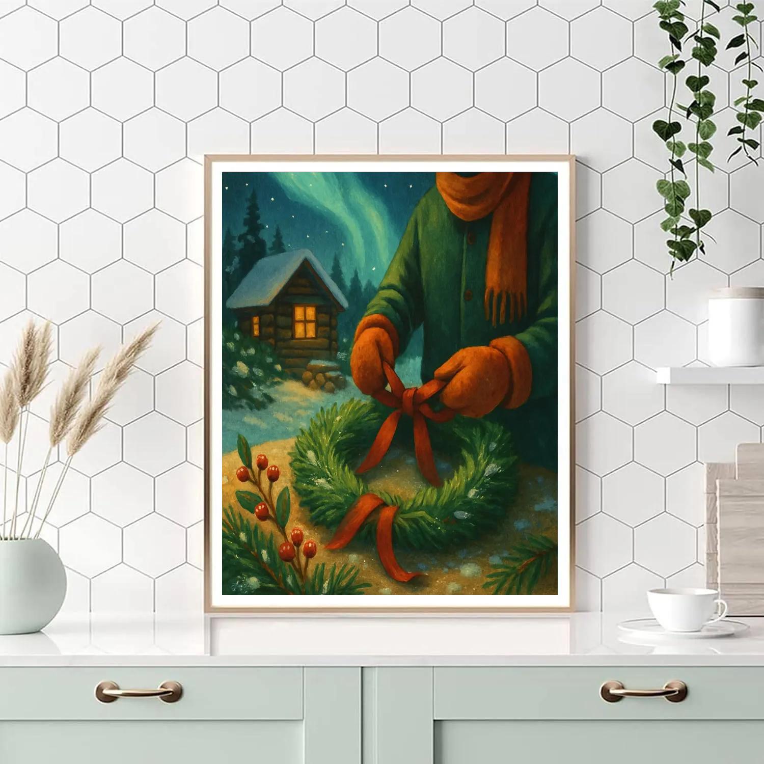 Wreath Makers Cabin Beside Aurora Pines painting number kit