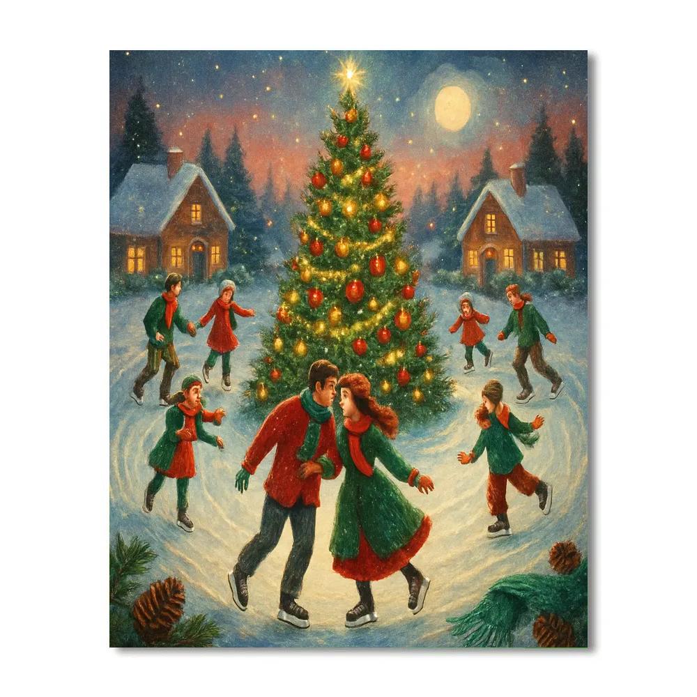 Ice Skaters Around A Town Tree Halo Numbered painting kits