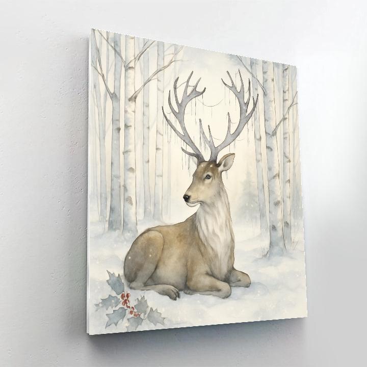 Reindeer Resting In Frosted Birch Cathedral DIY paint by numbers