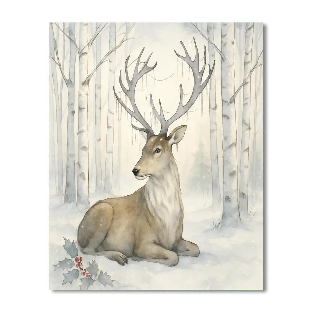 Reindeer Resting In Frosted Birch Cathedral DIY paint by numbers
