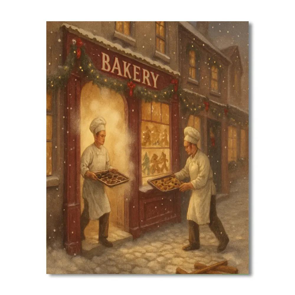 Holiday Bakery Street With Sugar Steam Paint by numbers art