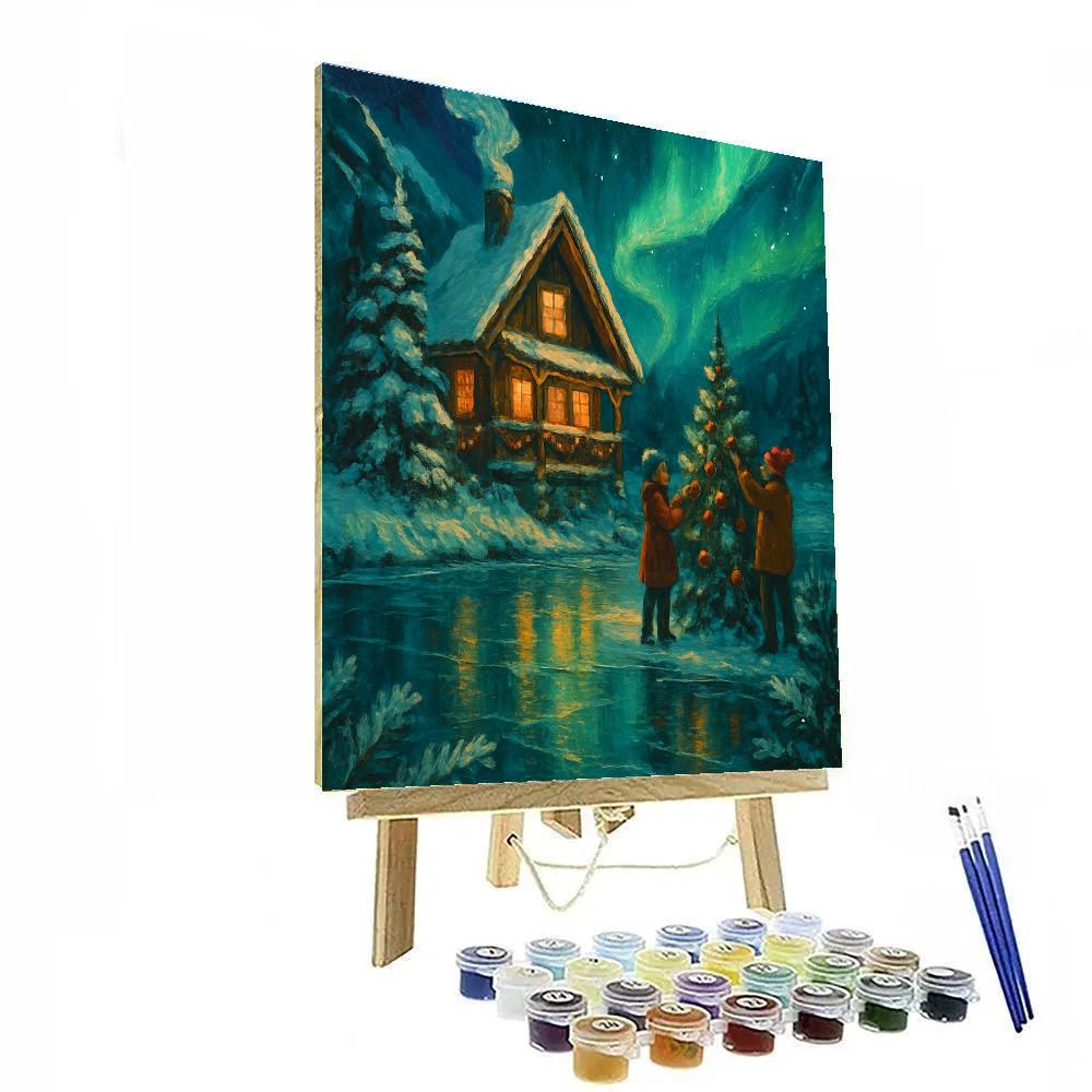 Mountain Chalet With Northern Light Reflections Numbered painting kits