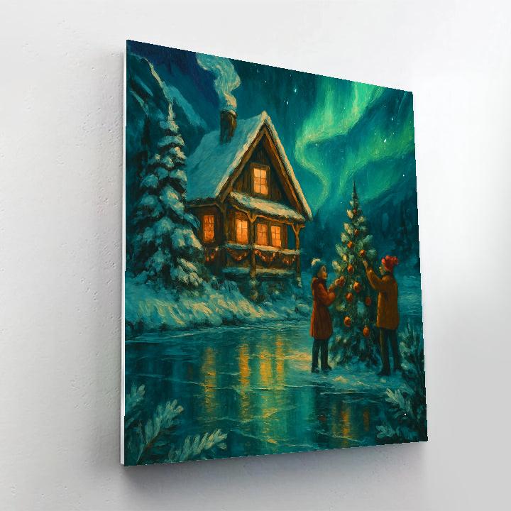 Mountain Chalet With Northern Light Reflections Numbered painting kits