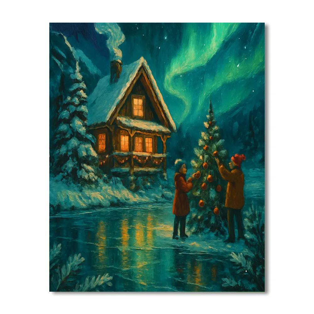 Mountain Chalet With Northern Light Reflections Numbered painting kits