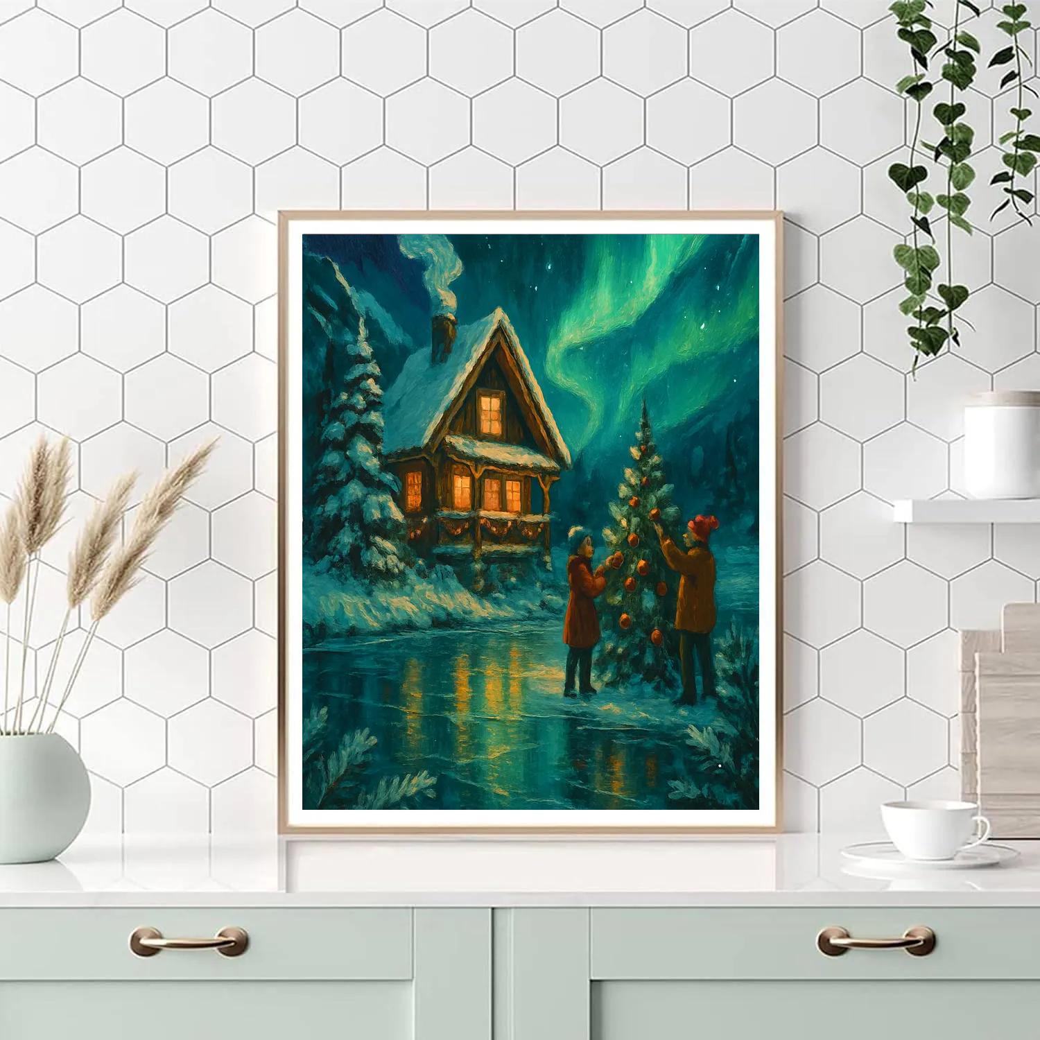 Mountain Chalet With Northern Light Reflections Numbered painting kits
