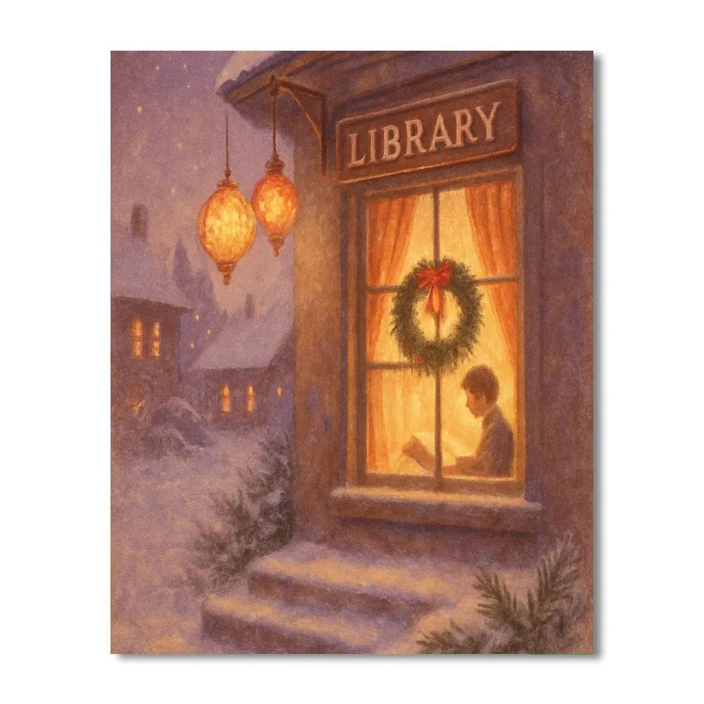 Snowy Library Nook With Ornament Lanterns Painting by numbers kit