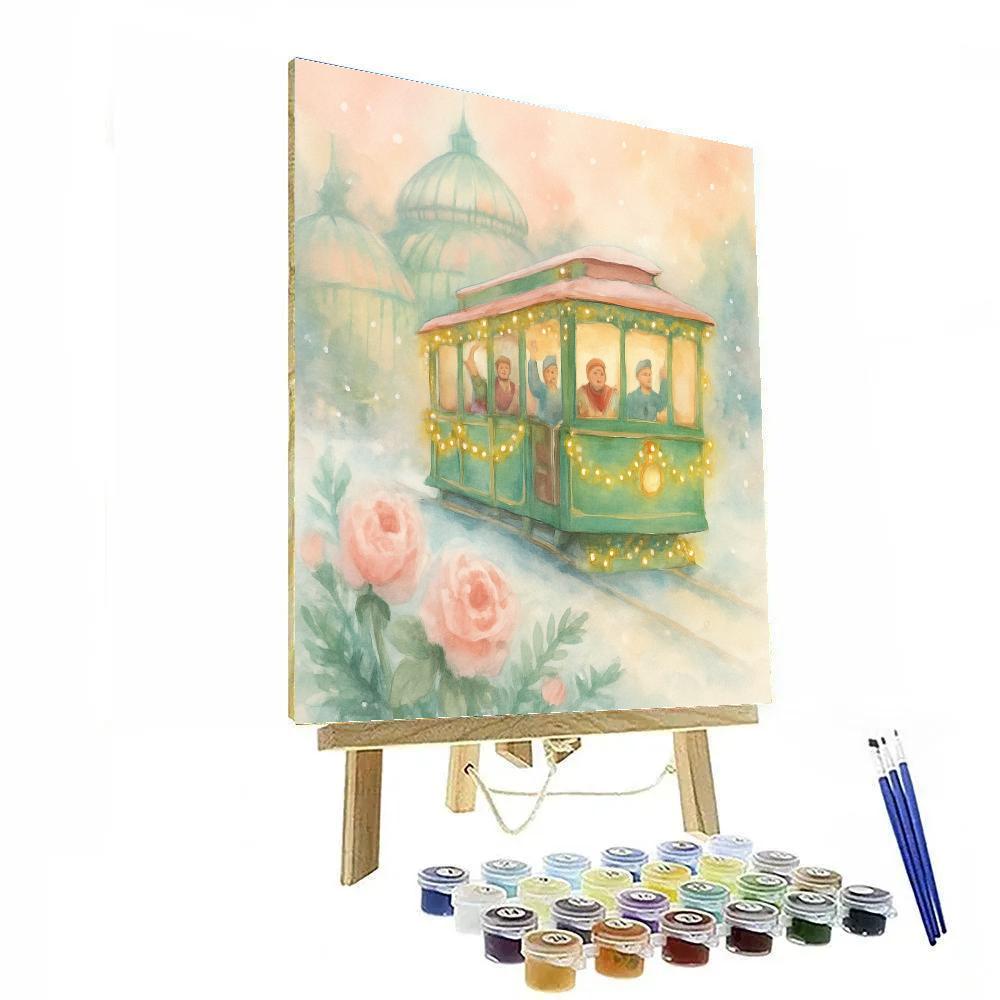 Holiday Tram Through Snowy Botanical Garden Painting by numbers kit