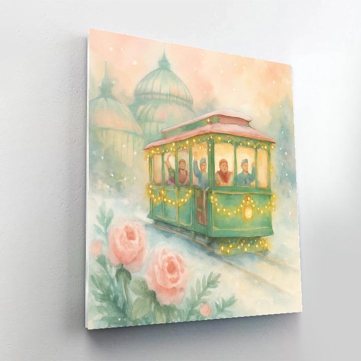 Holiday Tram Through Snowy Botanical Garden Painting by numbers kit