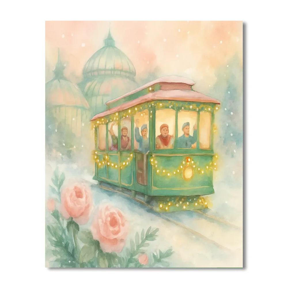 Holiday Tram Through Snowy Botanical Garden Painting by numbers kit