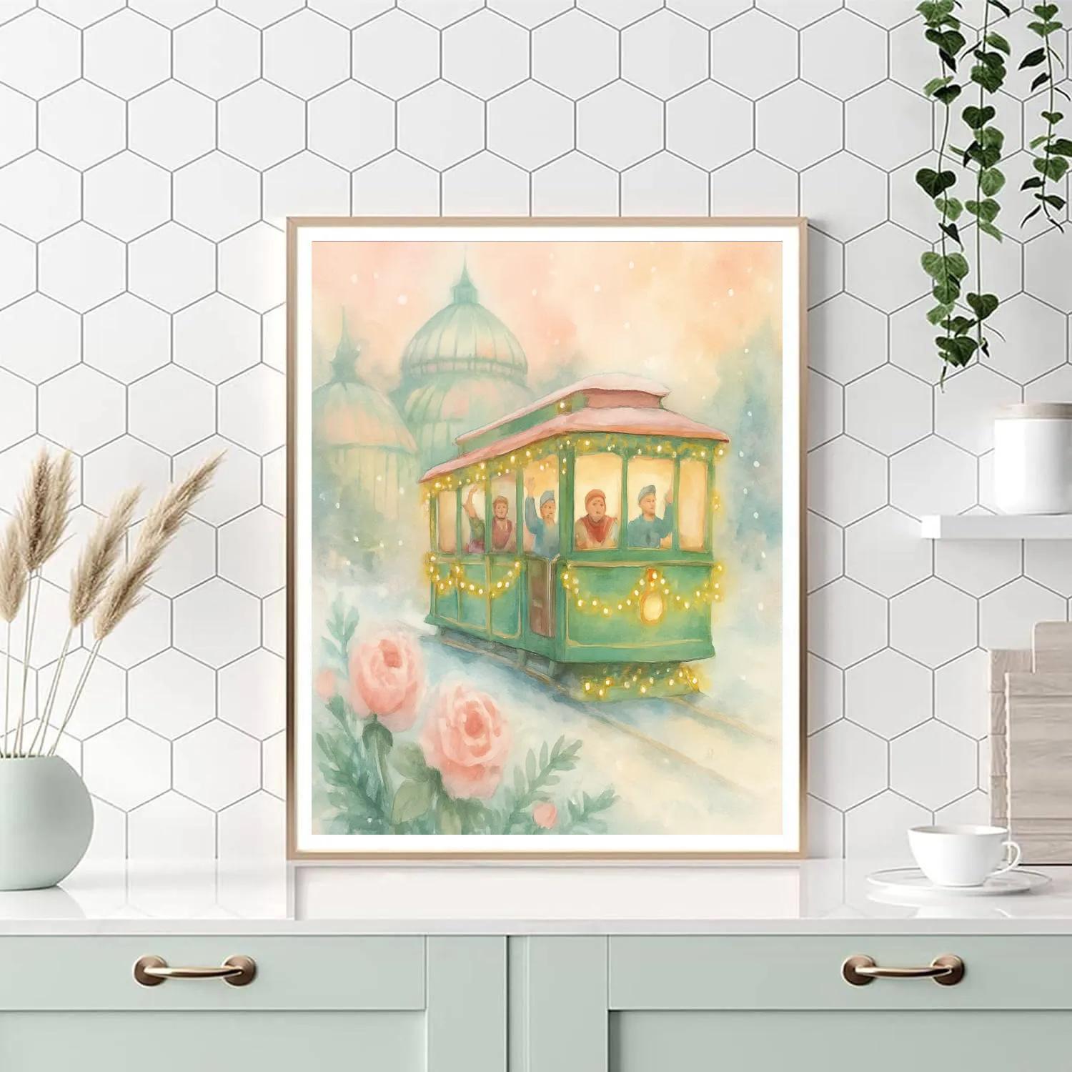 Holiday Tram Through Snowy Botanical Garden Painting by numbers kit
