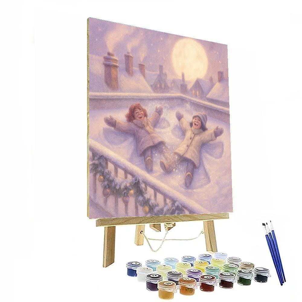 Rooftop Snow Angels Under Lantern Moon painting number kit