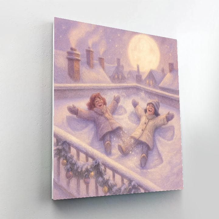 Rooftop Snow Angels Under Lantern Moon painting number kit
