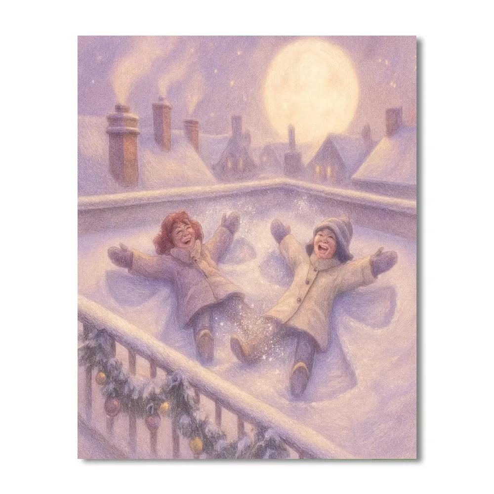 Rooftop Snow Angels Under Lantern Moon painting number kit