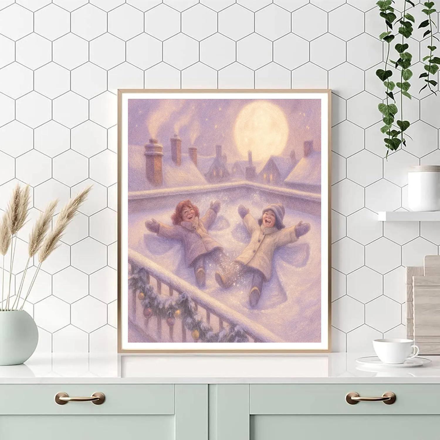 Rooftop Snow Angels Under Lantern Moon painting number kit