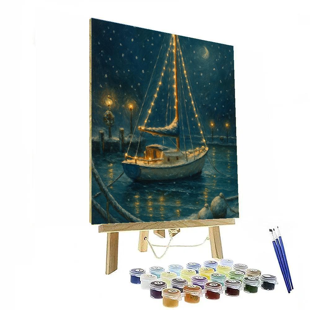 Festive Harbor With Icebound Sailboat Lights painting number kit