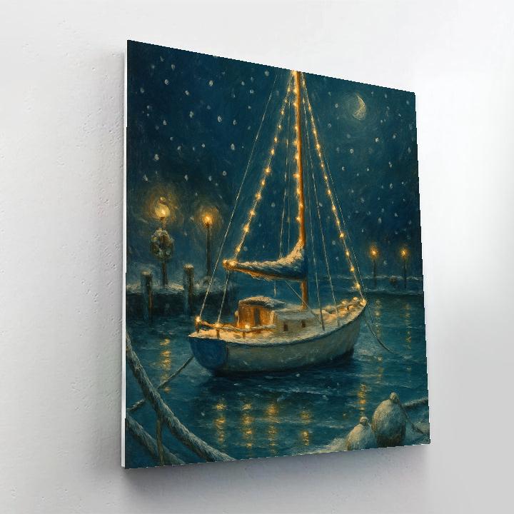 Festive Harbor With Icebound Sailboat Lights painting number kit
