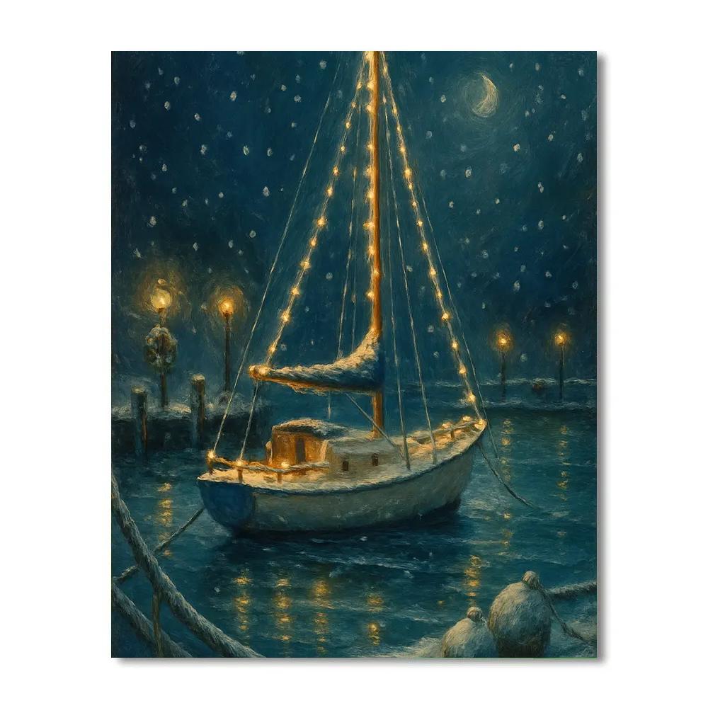 Festive Harbor With Icebound Sailboat Lights painting number kit