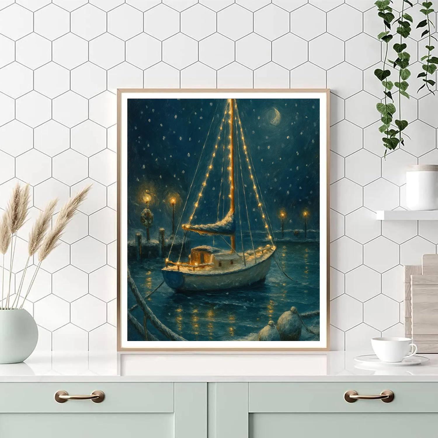 Festive Harbor With Icebound Sailboat Lights painting number kit
