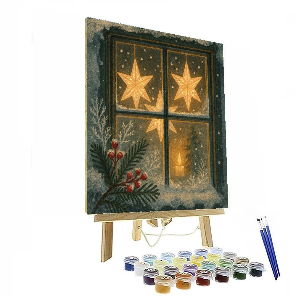 Frosty Cabin Window With Paper Star Glow painting number kit
