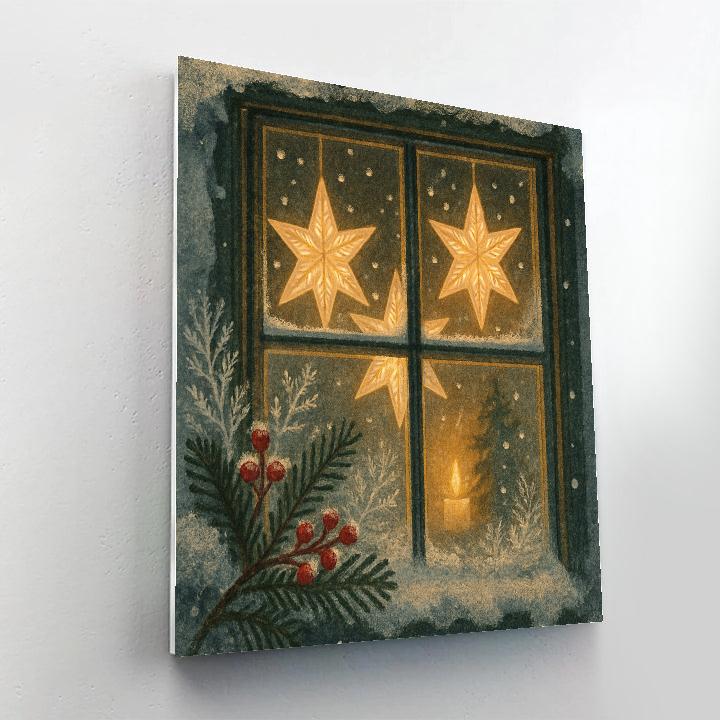 Frosty Cabin Window With Paper Star Glow painting number kit