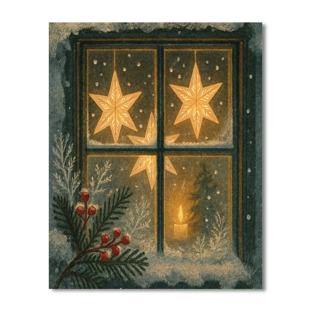 Frosty Cabin Window With Paper Star Glow painting number kit