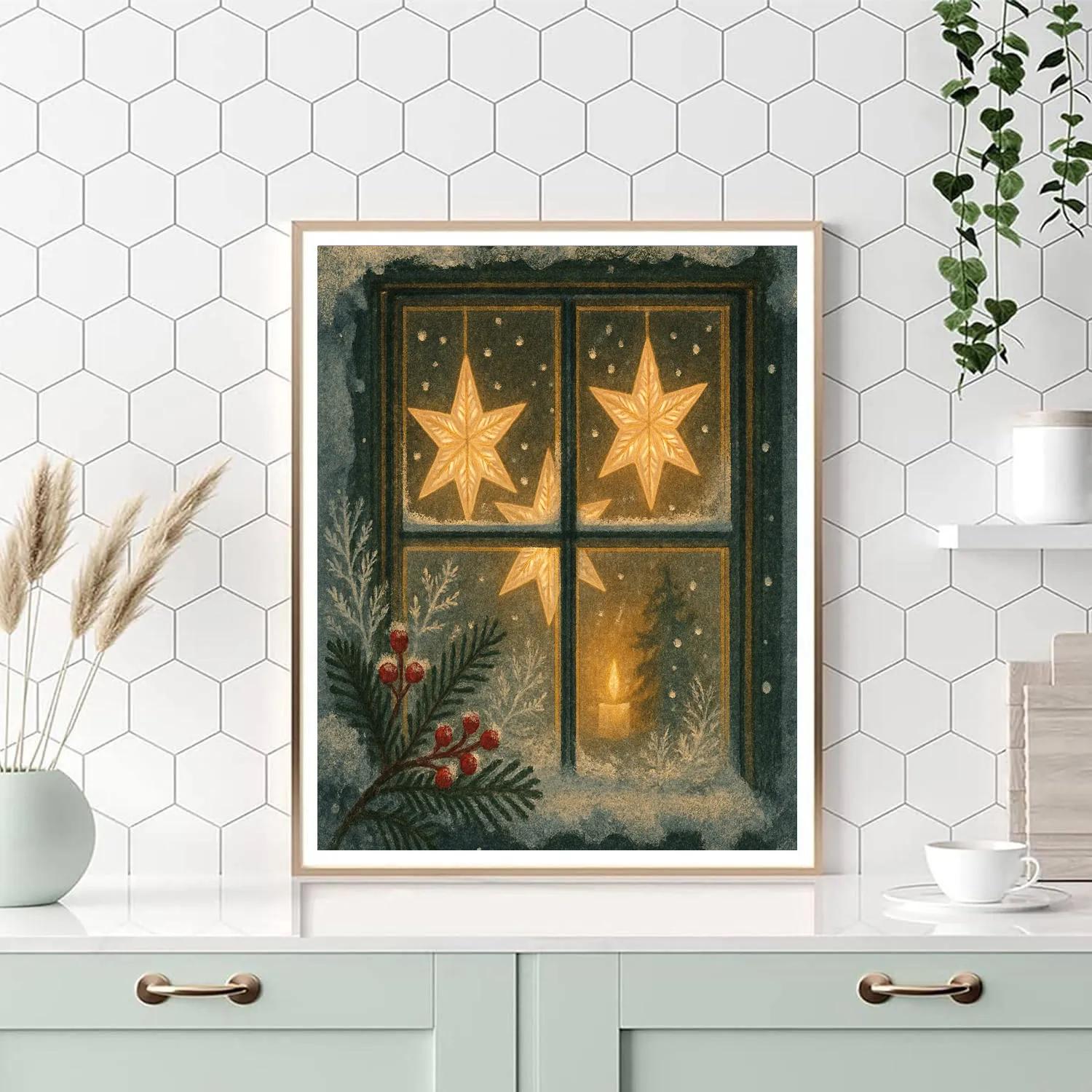 Frosty Cabin Window With Paper Star Glow painting number kit