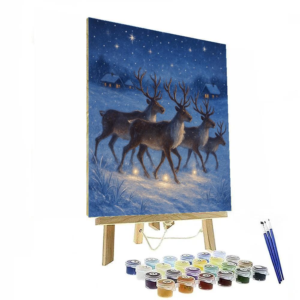Reindeer Crossing Over Frozen Meadow Lights paint by number