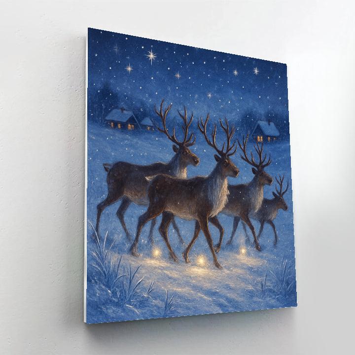 Reindeer Crossing Over Frozen Meadow Lights paint by number