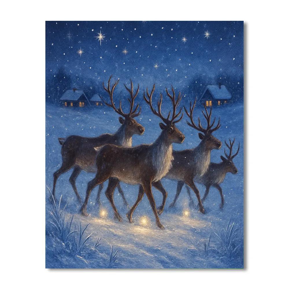 Reindeer Crossing Over Frozen Meadow Lights paint by number